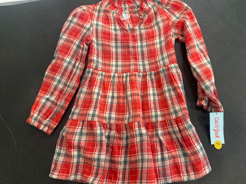 Photo 2 of Girls' Long Sleeve Holiday Plaid Tiered Woven Dress - Cat & Jack™ Red XS