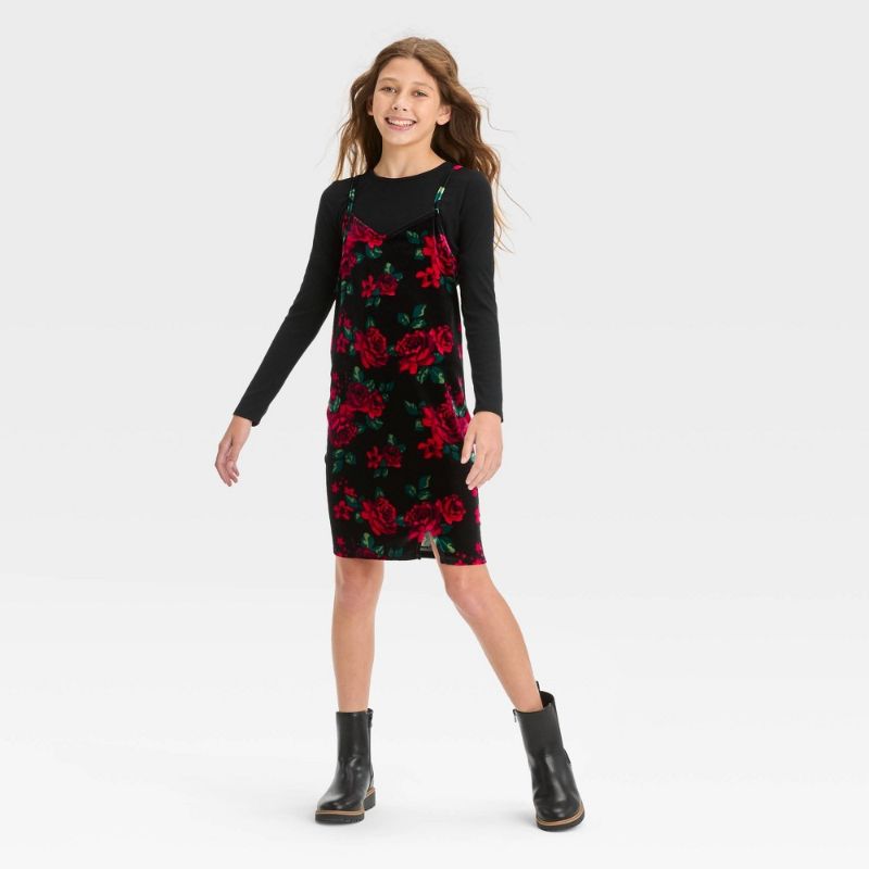 Photo 1 of Girls' Long Sleeve 2 for 1 Dress - Art Class™ Black Floral L