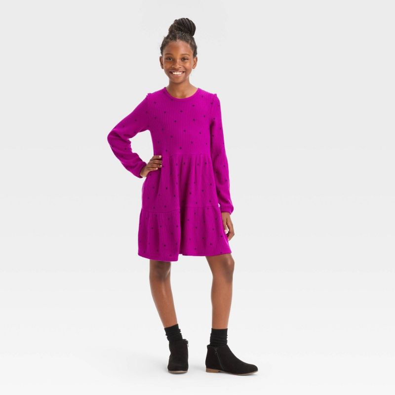 Photo 1 of Girls' Long Sleeve Cozy Tiered Dress - Cat & Jack™ Magenta Pink L
