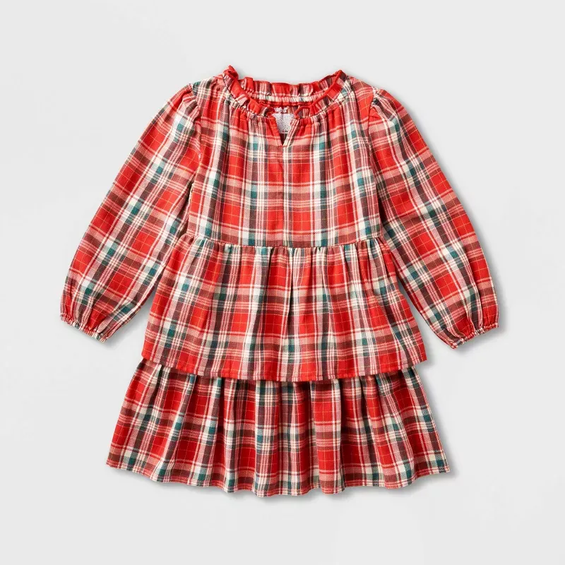 Photo 1 of Toddler Girls' Adaptive Abdominal Access Long Sleeve Plaid Tiered Woven Dress - Cat & Jack™ Red / Size S