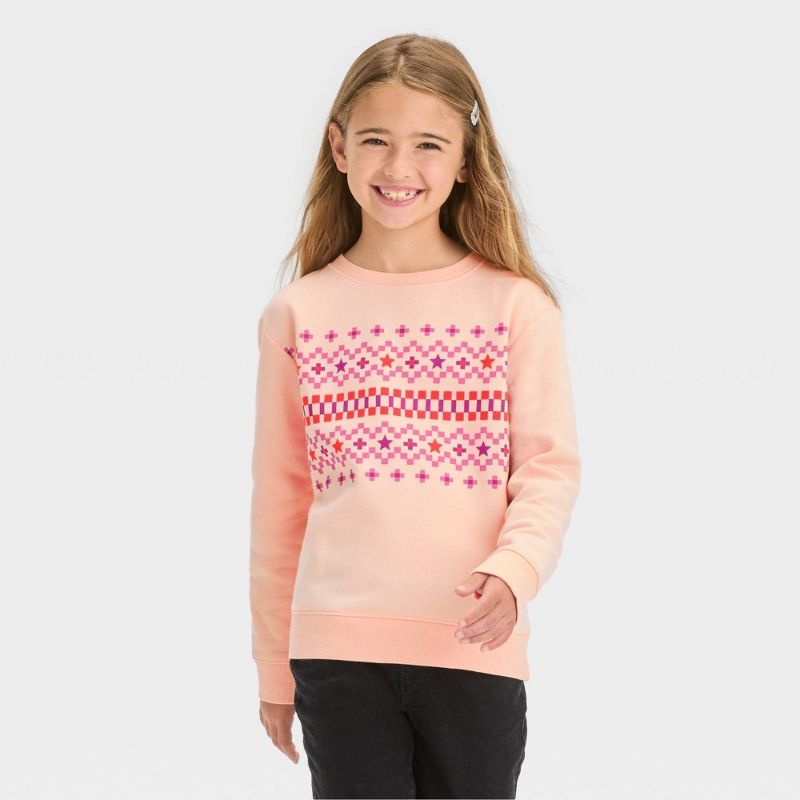 Photo 1 of Girls' Crewneck 'Fair Isle' Fleece Pullover Sweatshirt - Cat & Jack™ Peach M