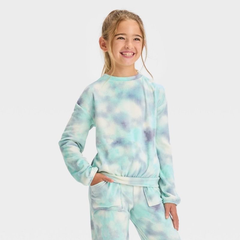 Photo 1 of Girls' Microfleece Tie-Dye Pullover Sweatshirt - Cat & Jack™ Aqua Blue S