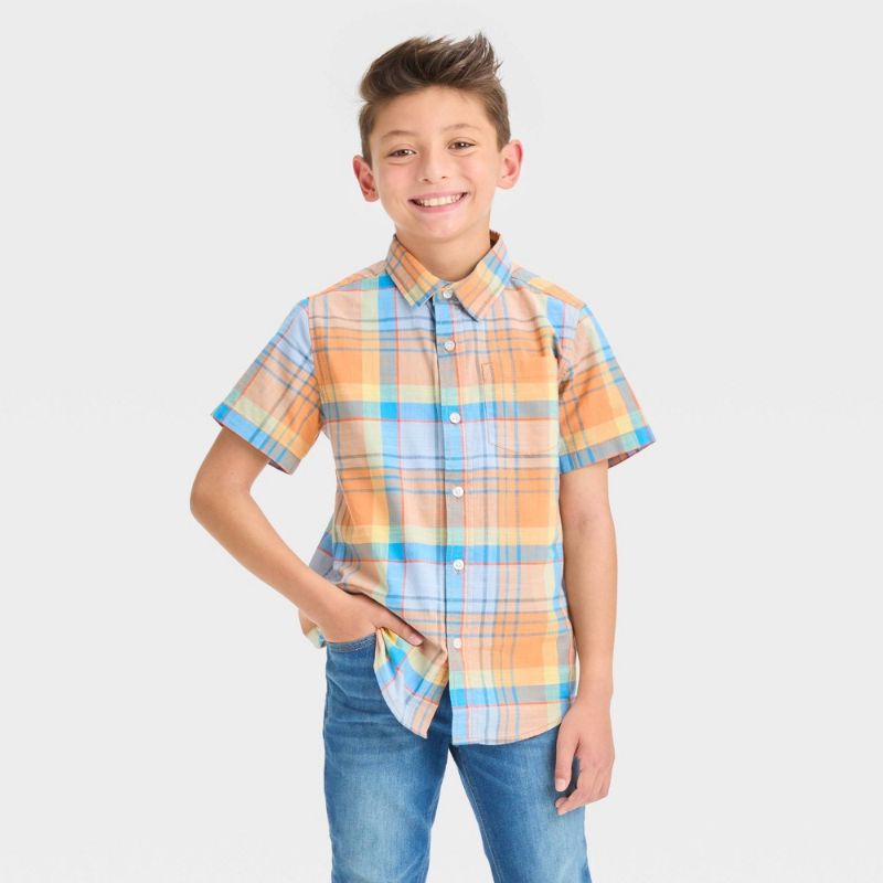 Photo 1 of Boys' Short Sleeve Plaid Button-Down Shirt - Cat & Jack™ Orange M