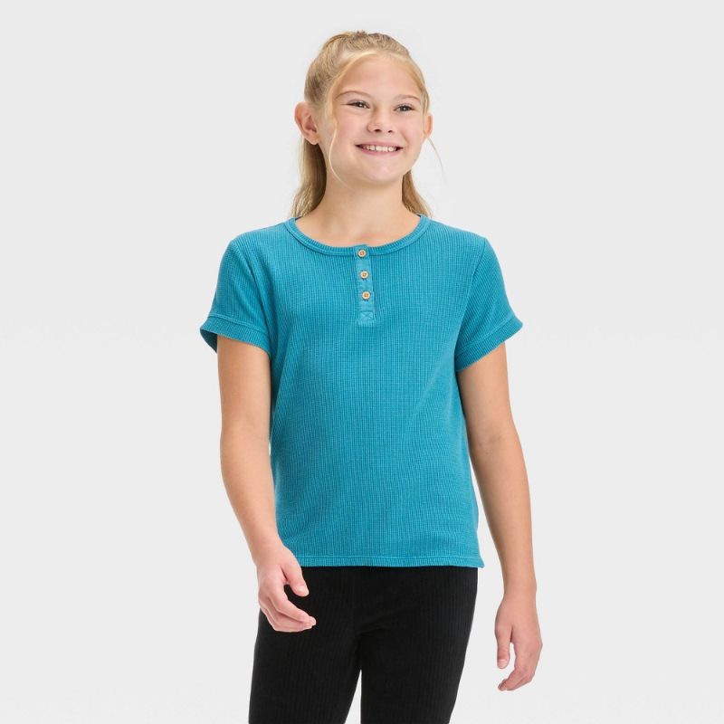 Photo 1 of Girls' Short Sleeve Waffle Henley Shirt - Cat & Jack™ Teal Blue XS