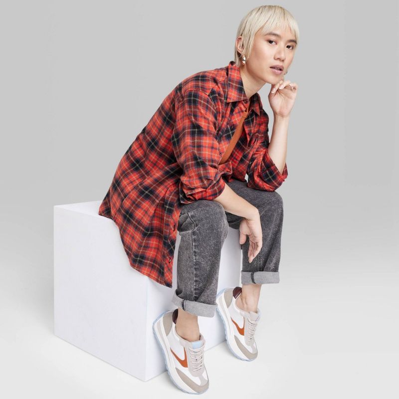 Photo 1 of Women's Oversized Button-Down Flannel Shirt - Wild Fable™ Red Plaid M