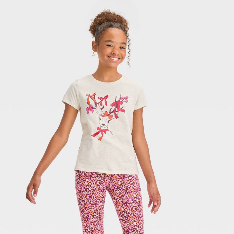Photo 1 of Girls' Short Sleeve 'Deer' Graphic T-Shirt - Cat & Jack™ Beige XL