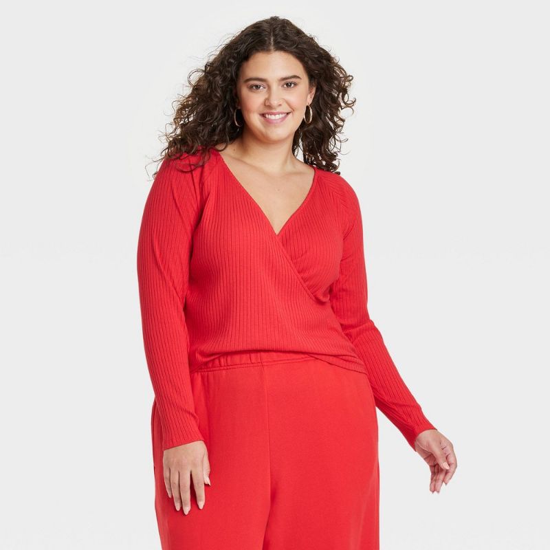 Photo 1 of Women's Slim Fit Long Sleeve V-Neck Wrap Shirt - Universal Thread™ Red XXL