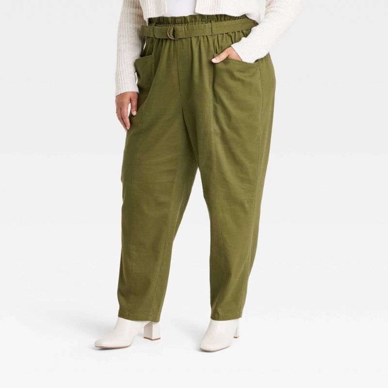 Photo 1 of Women's High-Waisted Paperbag Taper Trousers - Ava & Viv™ Olive Green 2X