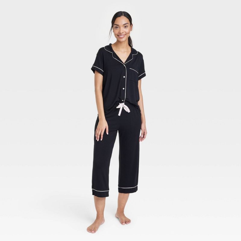 Photo 1 of Women's Short Sleeve Notch Collar Top and Pants Pajama Set - Stars Above™ Black XL