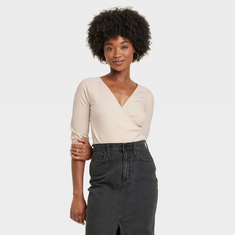 Photo 1 of Women's Slim Fit Long Sleeve V-Neck Wrap Shirt - Universal Thread™ Tan S