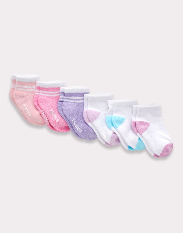 Photo 1 of Hanes Toddler Girls' 6pk PURE Comfort with Organic Cotton Solid Athletic Socks - Purple/Pink/Gray 4T-5T

