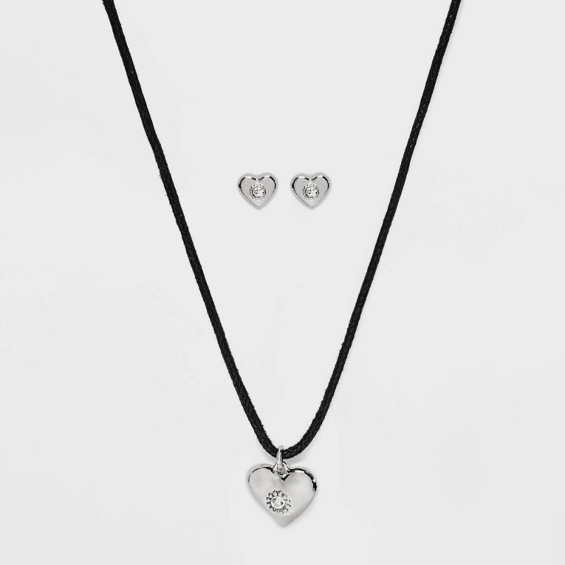 Photo 1 of Heart Cord and Ear Pendant Necklace Set 2pc - Wild Fable™ Black/Silver