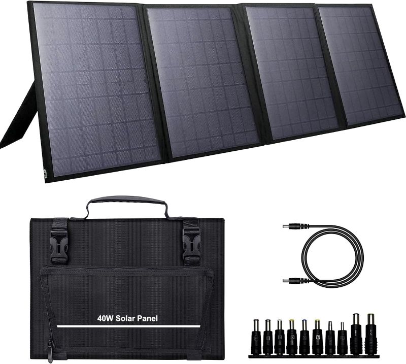 Photo 1 of Portable Solar Panel 40W, Foldable Solar Charger for Outdoor Solar Generator Power Station, Adjustable Kickstand,10 in 1 Connector DC to DC Cable USB QC3.0 Output for Camping RV Road Trip Adventure