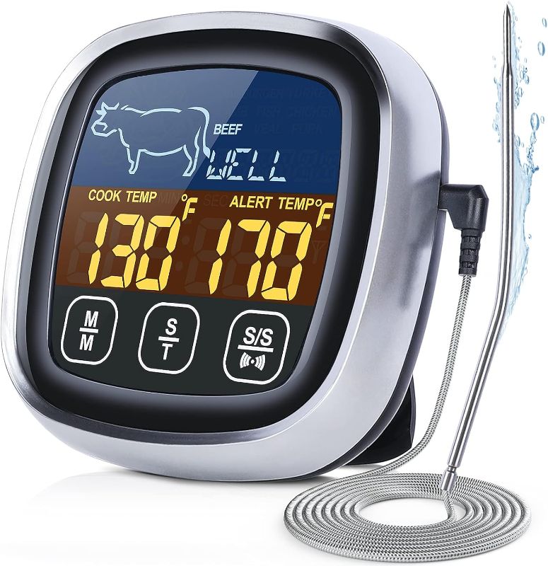 Photo 1 of Meat Thermometer, with Long Probe, Digital Meat Thermometer with Large Touchscreen LCD, Kitchen Timer, Grill Thermometer, Cooking Food Meat Thermometer...