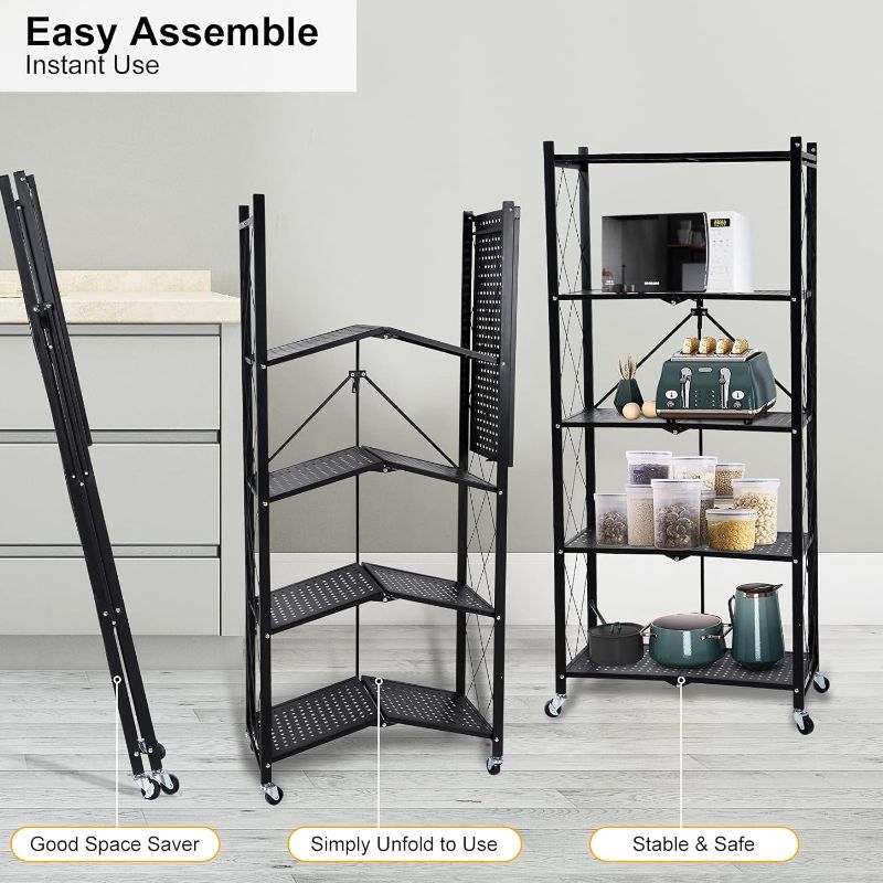 Photo 1 of 5-Tier Heavy Duty Foldable Metal Rack Storage Shelving Unit with Wheels Moving Easily Organizer Shelves Great for Garage Kitchen Holds up to 1250 lbs Capacity, Black