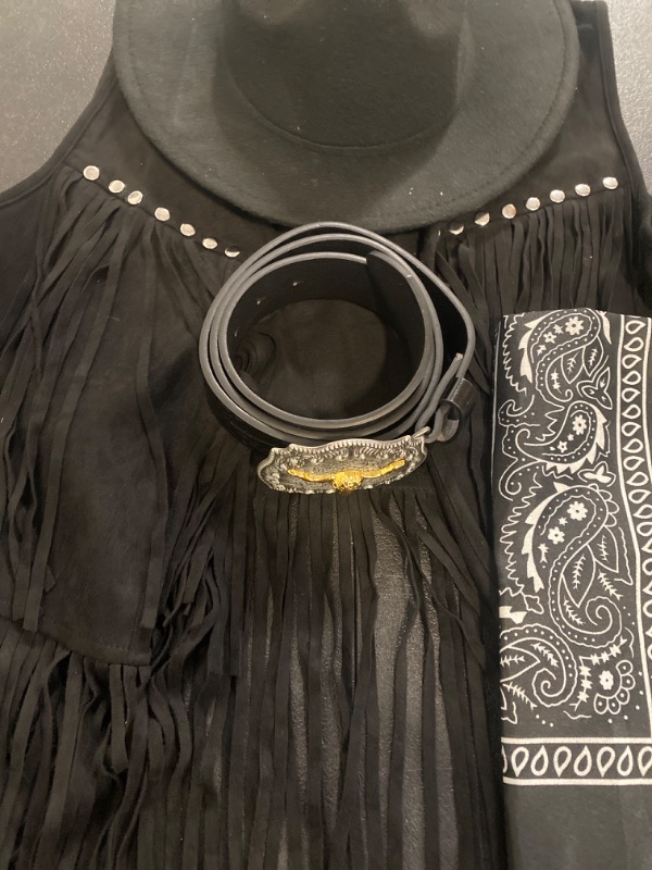 Photo 1 of Black Cowgirl hat, with black vest , cowgirl belt with belt buckle, and black bandana. 