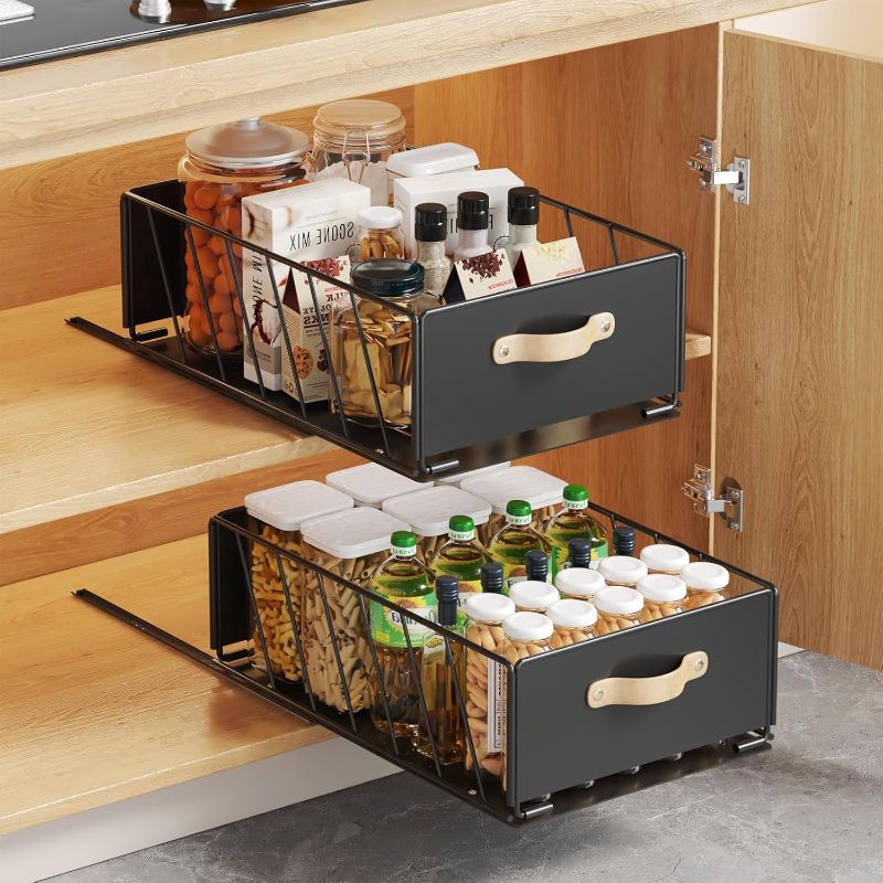 Photo 1 of 1Pack Pull Out Cabinet Organizer, Slide Out Cabinet Drawers Fixed with Adhesive Film, Heavy Duty Sliding Kitchen Organizers and Storage, Sliding Mesh Cabinet Basket for Pantry, Bathroom, Bedroom