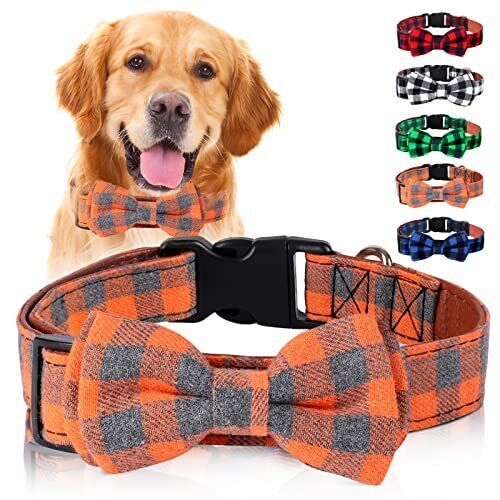 Photo 1 of Dog Collar Plaid Tartan Design Leather Pet Collar With Bow Tie Decoration