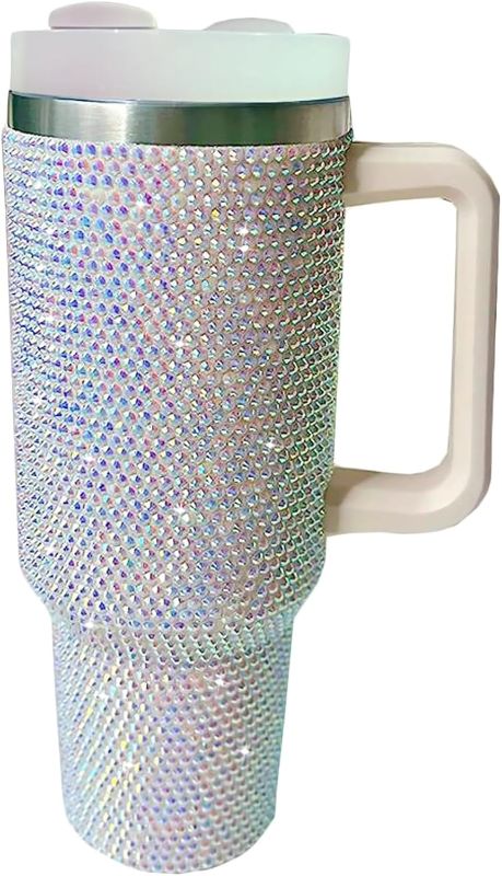 Photo 1 of 40 oz Bling Tumbler with Handle, Rhinestone Large Tumbler with Lid and Draw, Shiny Stainless Steel Thermos, Vacuum Insulated Travel Mug