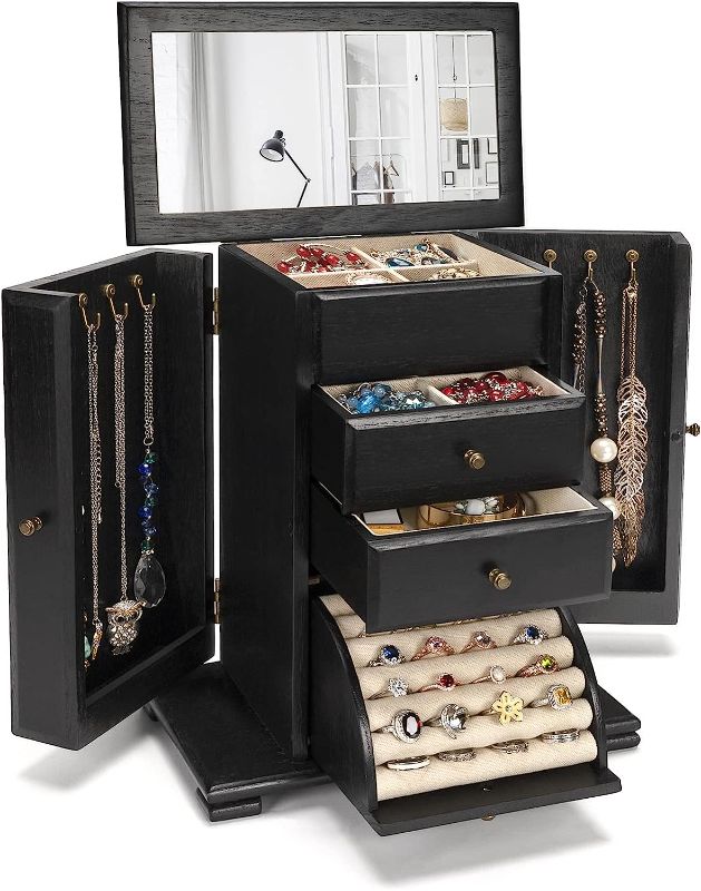 Photo 1 of Emfogo Jewelry Box for Women, Rustic Wooden Jewelry Boxes & Organizers with Mirror, 4 Layer Jewelry Organizer Box Display for Rings Earrings Necklaces..