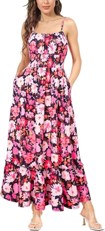 Photo 1 of (M) GRACE KARIN Womens 2024 Summer Maxi Dress Casual Sleeveless Spaghetti Strap Smocked Ruffle Beach Long Dress with Pockets