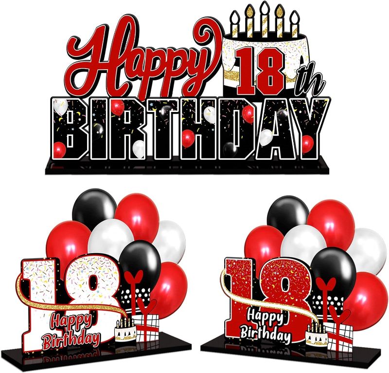 Photo 1 of LINGTEER Happy 18th Birthday Red Acrylic Table Topper Centerpieces Set - Cheers to Eighteen Years Old Birthday 18th Bday Party Gift Decorations.
