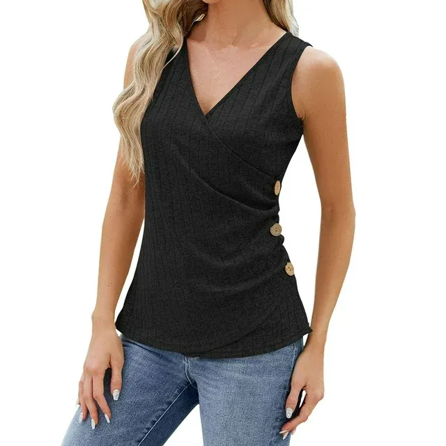 Photo 1 of (3XL) Surplice Neck Solid Tank Top, Casual Slim Ruched Tops, Women's Clothing