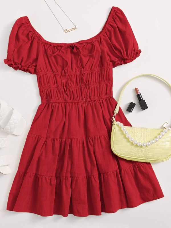 Photo 1 of (XXL) Dresses for Women - Tie Neck Ruched Bust Puff Sleeve Tiered Dress (Color : Red, Size : XXL)