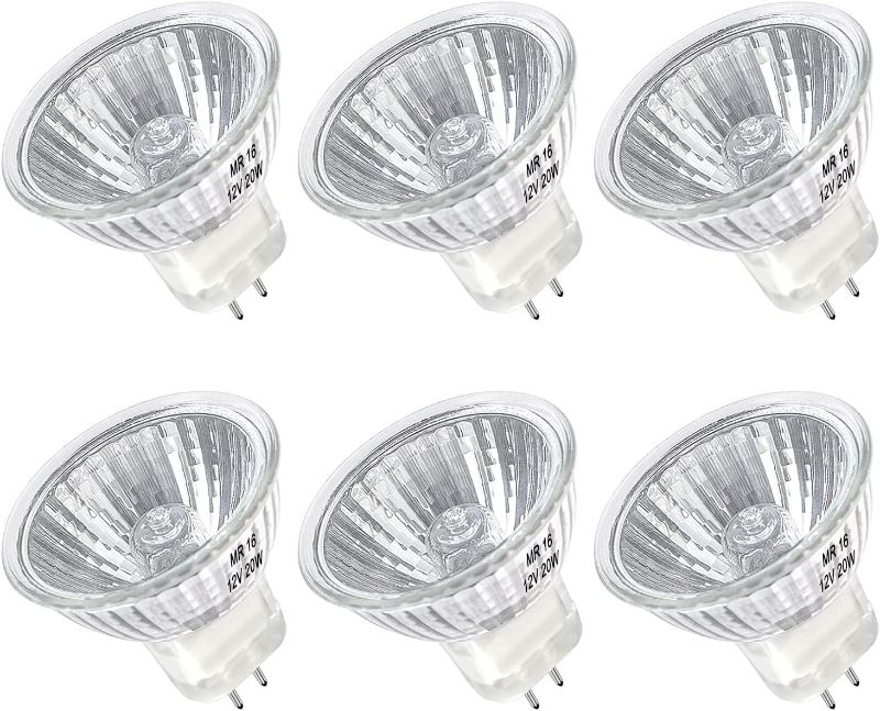 Photo 1 of MR16 Halogen Bulb 20W Dimmable 12V GU5.3 Bi Pin Base Spotlight with Long Lifespan, 2700K Warm White MR16 Bulbs with Clear Glass Cover for Landscape, Track Lights, Fiber Optics, Desk Lamps, 6 Pack