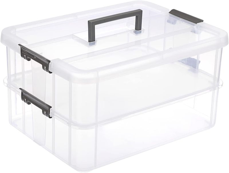 Photo 1 of JUXYES 2-Tiers Stack Carry Storage Box With Handle, Transparent Stackable Storage Bin With Handle Lid Latching Storage Container for School & Office Supplies