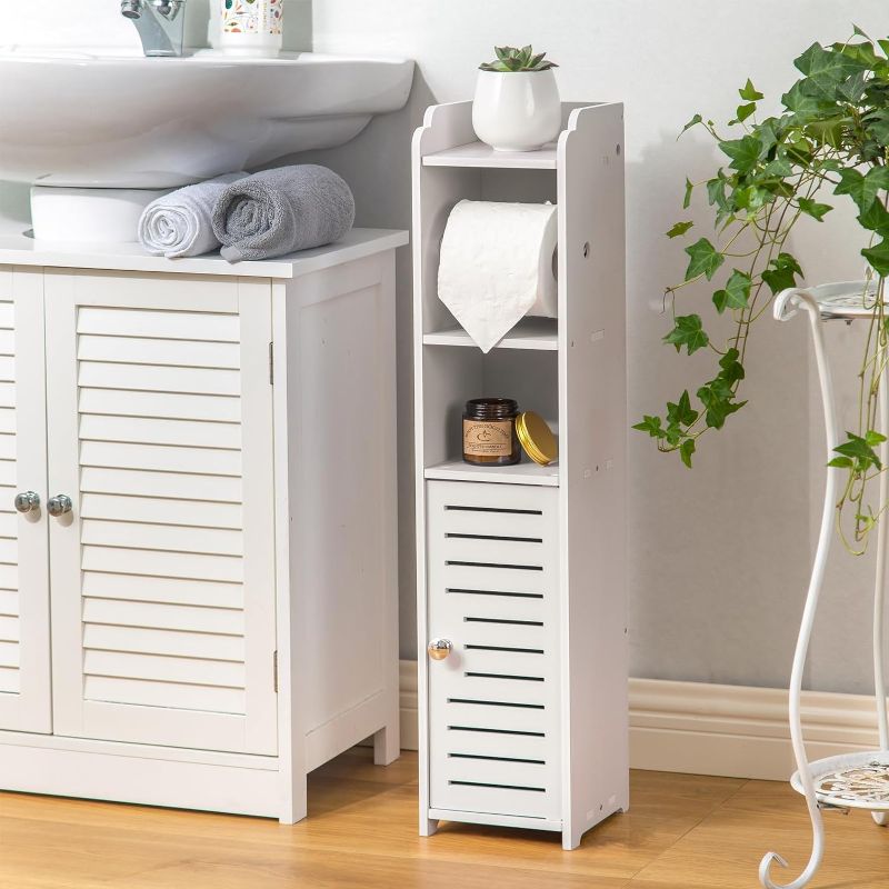 Photo 1 of Toilet Paper Holder Stand, Storage Cabinet Beside Toilet for Small Space Bathroom with Toilet Roll Holder, White