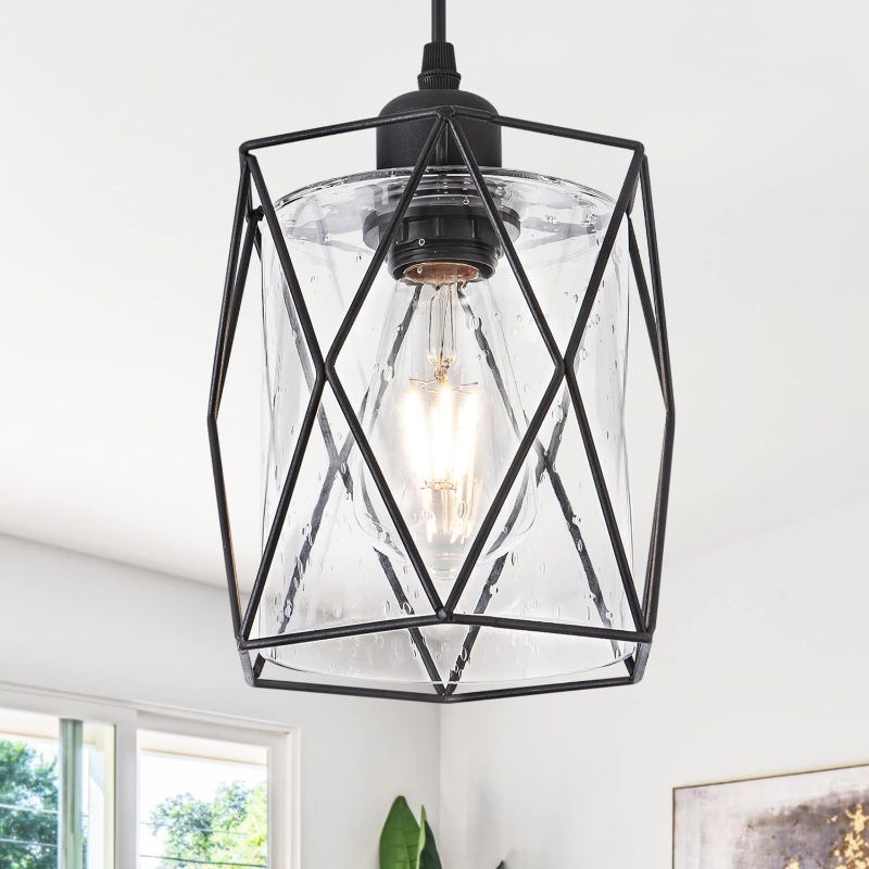 Photo 1 of Black Pendant Light Over Table Cage Blown Clear Seeded Glass Farmhouse Hanging Light Fixture Industrial Adjustable Cord for Kitchen Island Dining Room Above Sink