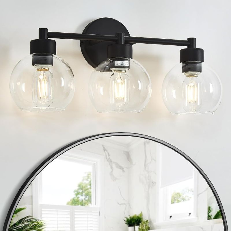 Photo 1 of Matte Black Bathroom Light Fixtures, 3-Light Bathroom Vanity Light Over Mirror, Vintage Bathroom Lighting with Globe Glass Shade, Industrial Vanity Light for Bathroom Hallway Stairs