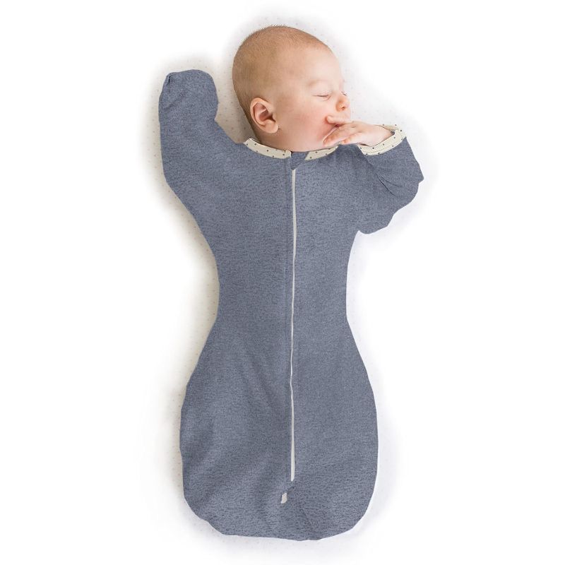 Photo 1 of SwaddleDesigns Transitional Swaddle Sack with Arms Up Half-Length Sleeves and Mitten Cuffs, Heathered Denim with Polka Dot Trim, Medium, 3-6 Mo, 14-21 lbs (Better Sleep, Easy Swaddle Transition)