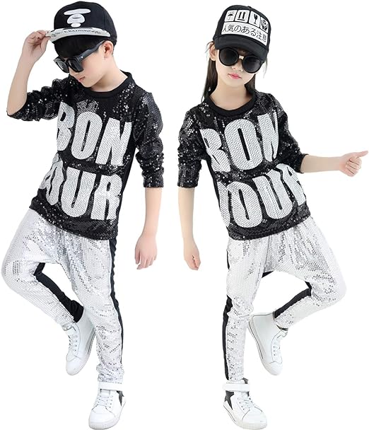 Photo 1 of (Size 4) lontakids Boys Girls Sequins Hip Hop Costume Modern Hip-hop Street Dance Clothing Set (Size 4)