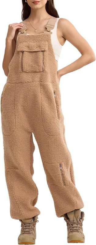 Photo 1 of (M) Locachy Women's Fleece Overalls Loose Winter Warm Adjustable Strap Sleeveless Fuzzy Jumpsuits with Pockets