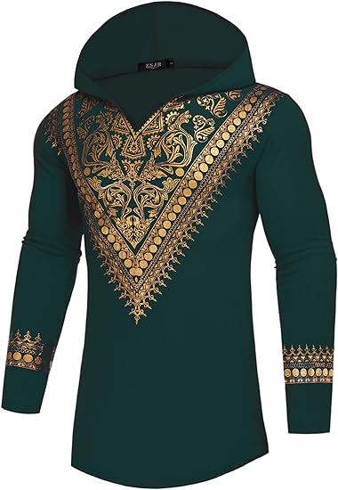 Photo 1 of (XL) Mens African Dashiki Hooded Shirt Metallic Gold Stamp Printed Hoodie Long Sleeve Shirts Blouse (Size XL)