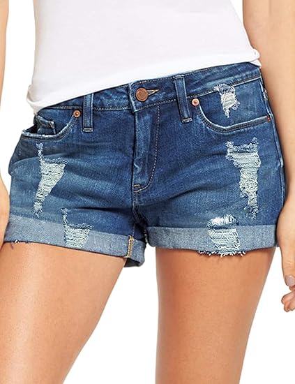Photo 1 of (M) Women's Ripped Denim Jean Shorts High Waisted Stretchy Folded Hem Short Jeans (Size M)