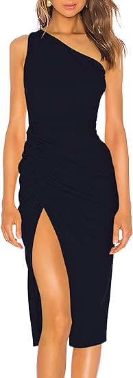 Photo 1 of (L) Sarin Mathews Womens One Shoulder Ruched Bodycon Dress Sexy Sleeveless Slit Midi Party Cocktail Wedding Guest Dresses (Size Large)