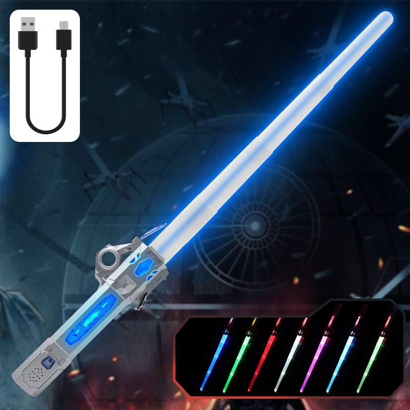 Photo 1 of Saber for Kids Adults, Dual Light Sword RGB 7 Colors Changeable with 3 Modes FX Sound, Expandable Light Swords Set for Galaxy War Fighter Warriors, Halloween Cosplay Christmas Birthday gift (Silver)
