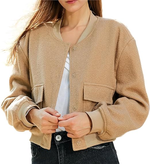 Photo 1 of Women's Fashion Bomber Jacket Wool Blend Jacket Casual Button Varsity Jacket Size L