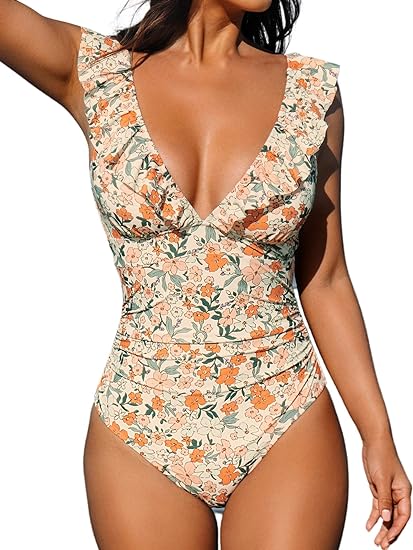 Photo 1 of CUPSHE Women's Ruffled One Piece Swimsuit V Neck Lace Up Size XXLarge