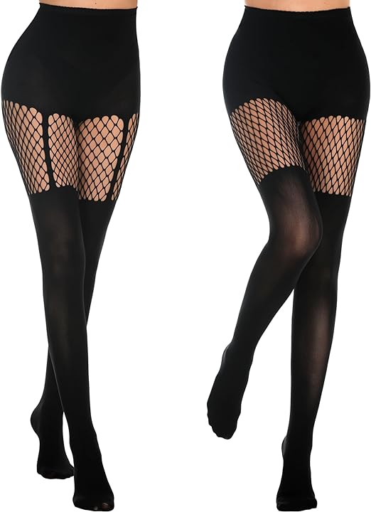 Photo 1 of Size S/M MANZI Womens Faux Thigh High Fishnet Stockings Stitching Opaque Pantyhose Mock Over the Knee Goth Striped Suspender Tights