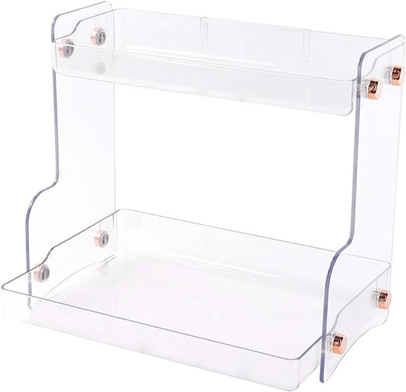 Photo 1 of Z PLINRISE 2-Tier Assembled Plastic Rack Tray, for Kitchen Storage Organizer Shelf Rack, Vanity Organizer Rack for Dresser, Bathroom, Countertop and More, Stackable Assembly (Crystal)