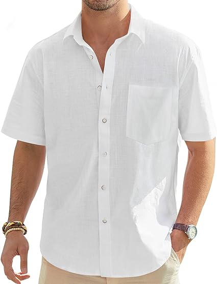 Photo 1 of (L) J.VER Men's Cotton Linen Short Sleeve Shirts Casual Lightweight Button Down Shirts Vacation Beach Summer Tops with Pocket Size Large
