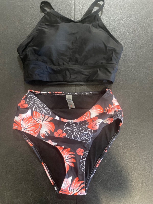 Photo 2 of (S) Herseas Women's Bikini Sets High Neck Tropical Leaf Print High Waisted Two Pieces Swimsuits Bathing Suits Size Small