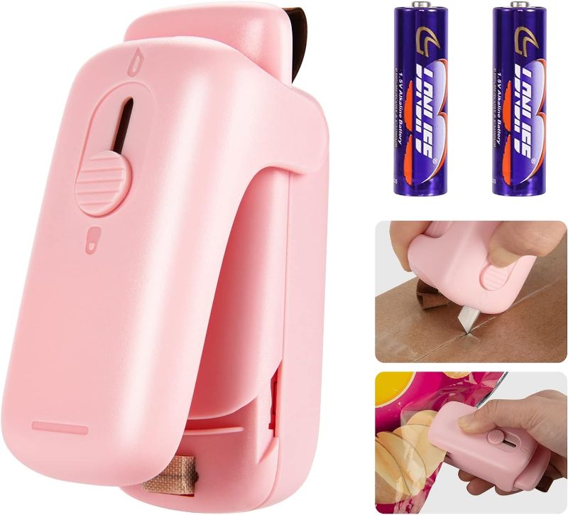 Photo 1 of Mini Bag Sealer, Kenossion Chip Bag Sealer - Bag Sealer Heat Seal with Cutter & Magnet, Portable Mini Sealing Machine to Reseal Plastic Bags & Keep Snacks Fresh-Pink (2xAA Batteries Included)