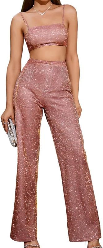 Photo 1 of (S) Colysmo Women's Two Piece Outfit Sparkle Sequin Sleeveless Cami Crop Top Bling Glitter High Waist Straight Wide Leg Pants Set Size Small
