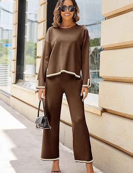 Photo 1 of (S) Tanming Women's 2 Piece Outfits Long Sleeve Knit Sweater Top Wide Leg Pants Lounge Sets Tracksuits Size Small