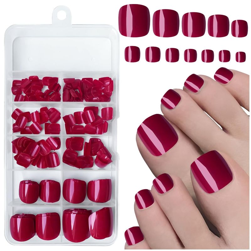 Photo 1 of LuckForever Short Press on Toenails 240pc Glossy Red Press on Toenails Short Square Fake Toe nails Full Cover 10 Nail Adhesive Tabs, Small Wooden Sticks & Nail Files False Toenails for Women